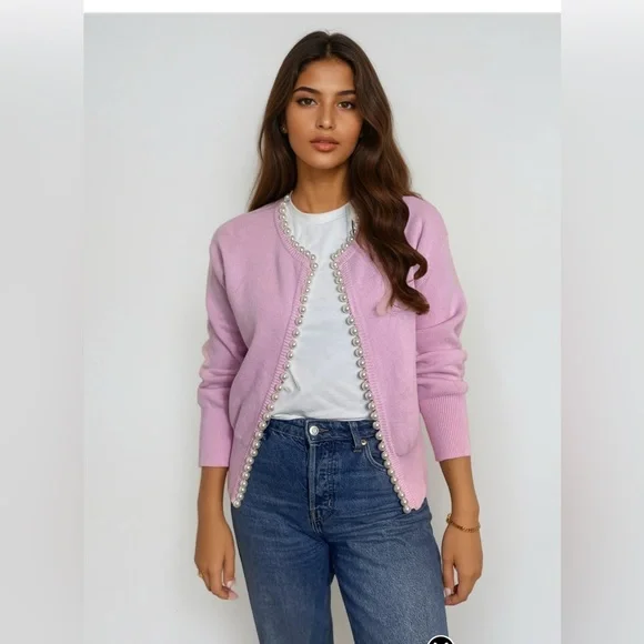 Self Same Charlotte pearl trim cardigan in Pink - one size fits all - Picture 1 of 3